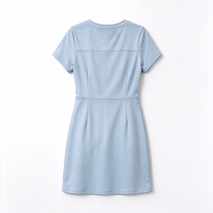 Riceyoyo Women’s Crew Neck Short Sleeve Waisted Dress, Light Blue Simple A Line Mini Dress, Soft Casual Dress for Daily and Office Wear