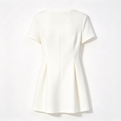 VUHOT Women's Short Sleeve Round Neck Mini Dress, Elegant Solid Cream White Fit and Flare A Line Dress, Casual Chic Short Dress for Daily Dating Party