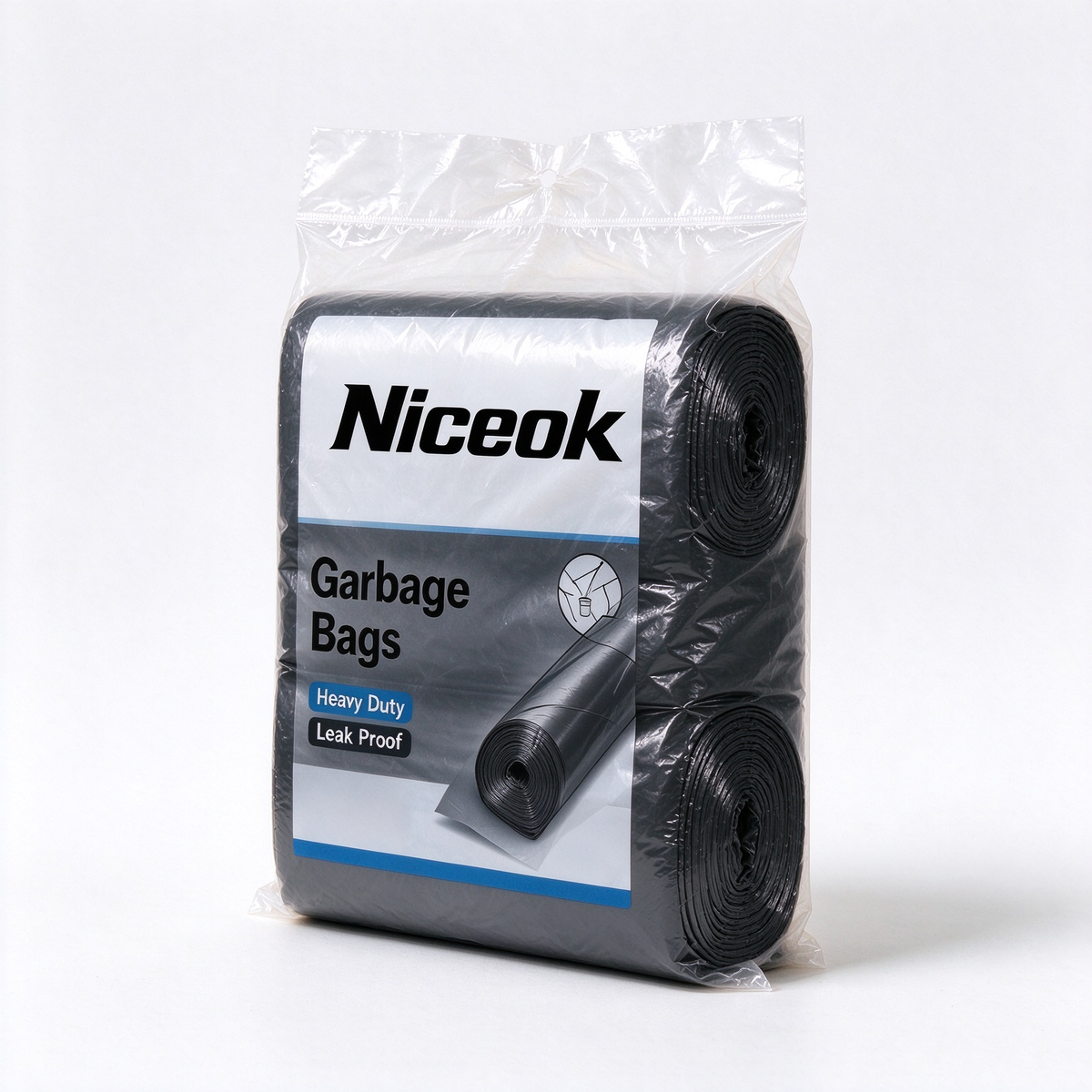 Niceok Heavy Duty Black Garbage Bags, Tear Resistant Leak Proof Roll Trash Bags, Large Capacity Waste Bags for Kitchen Home Garage Office