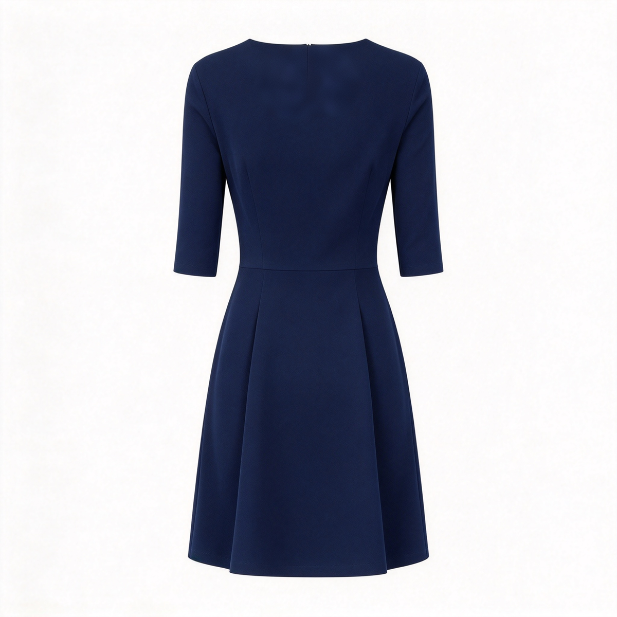 Tripluck Navy Round Neck Elbow Sleeve Fit and Flare Dress, Elegant Slim Business Work Formal Skater Dress