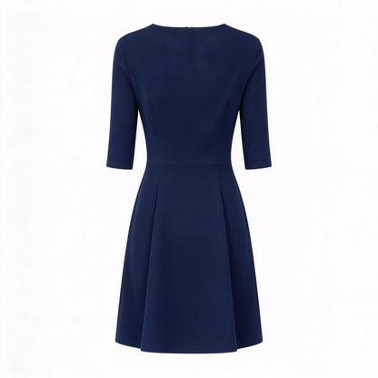 Tripluck Navy Round Neck Elbow Sleeve Fit and Flare Dress, Elegant Slim Business Work Formal Skater Dress