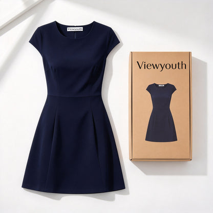 Viewyouth Navy Round Neck Cap Sleeve Fit and Flare Dress, Slim Elegant Business Work Short Formal Skater Dress