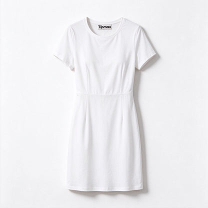 Tipmax Womens Crew Neck Short Sleeve Fit-and-Flare Dress, Soft Cotton Blend Slimming Mini Dress, Solid Casual Dress For Office And Daily Wear