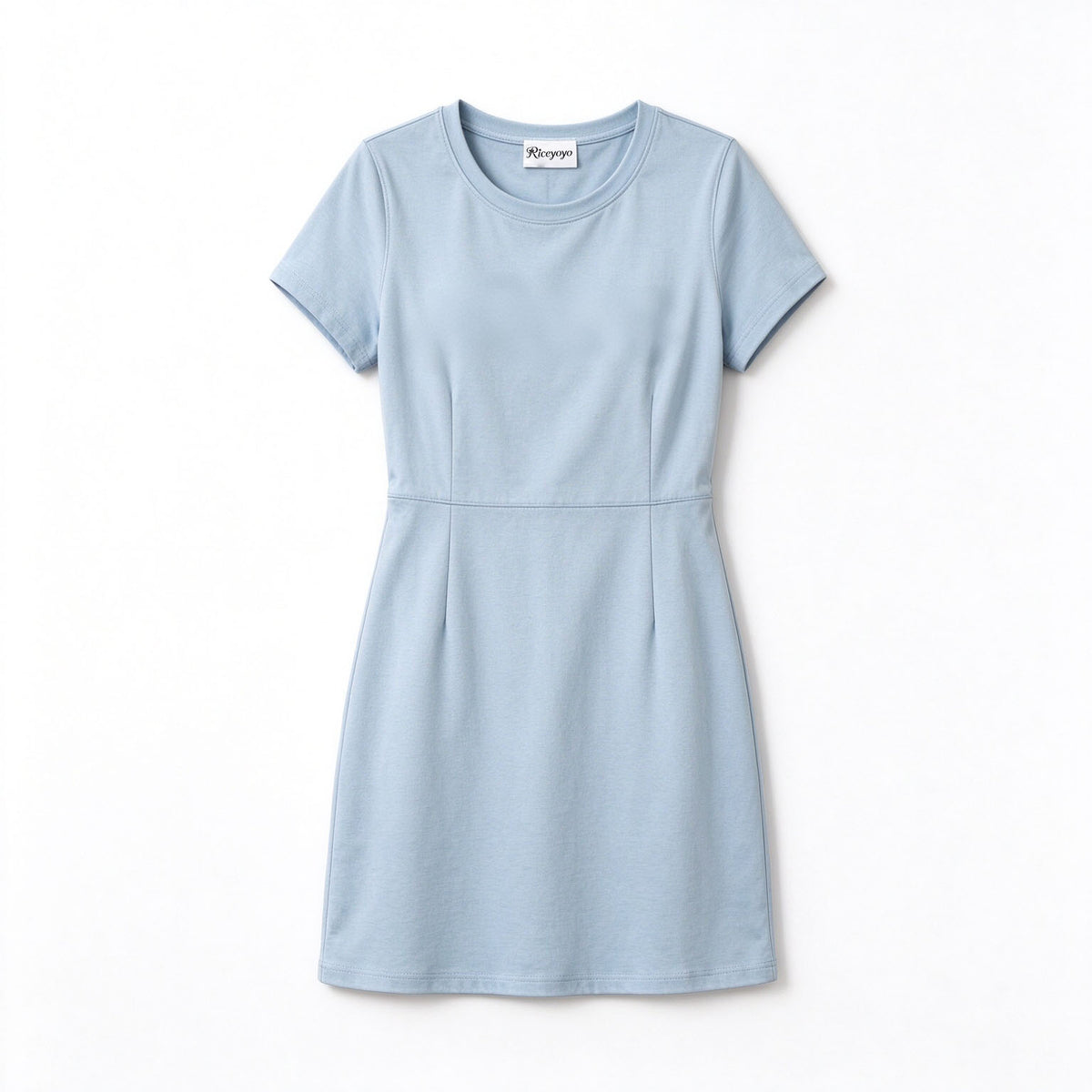 Riceyoyo Women’s Crew Neck Short Sleeve Waisted Dress, Light Blue Simple A Line Mini Dress, Soft Casual Dress for Daily and Office Wear