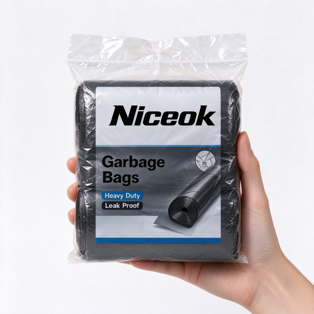 Niceok Heavy Duty Black Garbage Bags, Tear Resistant Leak Proof Roll Trash Bags, Large Capacity Waste Bags for Kitchen Home Garage Office