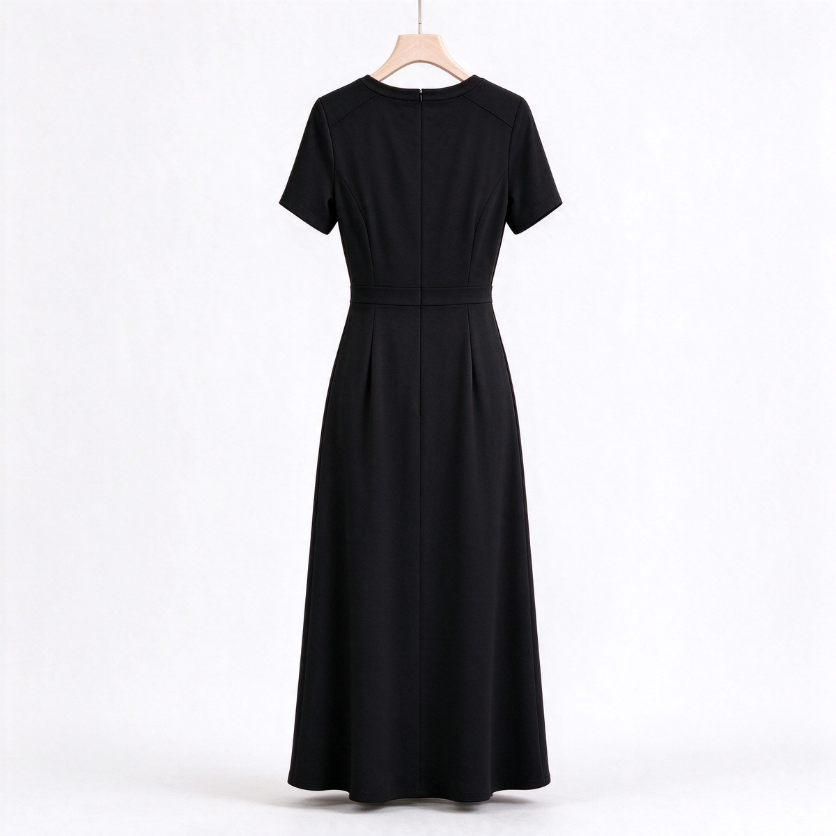 Joybunny Womens Round Neck Short Sleeve Midi Dress, Elegant Waist A Line Flowy Long Dress, Solid Black Casual Formal Dress for Office Party Daily Wear