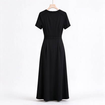 Joybunny Womens Round Neck Short Sleeve Midi Dress, Elegant Waist A Line Flowy Long Dress, Solid Black Casual Formal Dress for Office Party Daily Wear