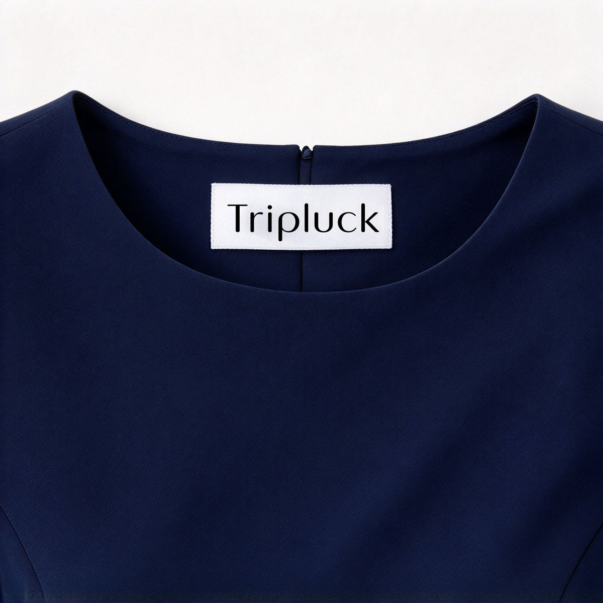 Tripluck Navy Round Neck Elbow Sleeve Fit and Flare Dress, Elegant Slim Business Work Formal Skater Dress