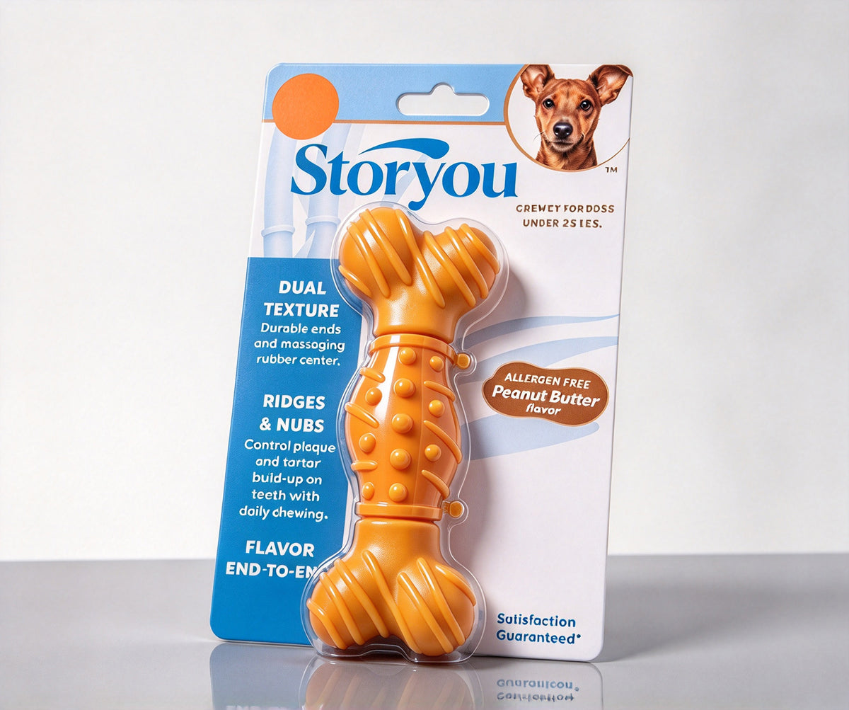 Storyou Dog Chew Toy, Durable Bone Shaped Pet Toys for Dogs Under 25 Lbs, Peanut Butter Flavor Dual Texture Rubber Pet Toys for Teeth Cleaning, Reduce Plaque & Tartar