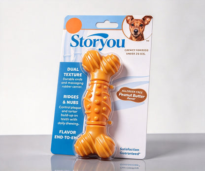 Storyou Dog Chew Toy, Durable Bone Shaped Pet Toys for Dogs Under 25 Lbs, Peanut Butter Flavor Dual Texture Rubber Pet Toys for Teeth Cleaning, Reduce Plaque & Tartar