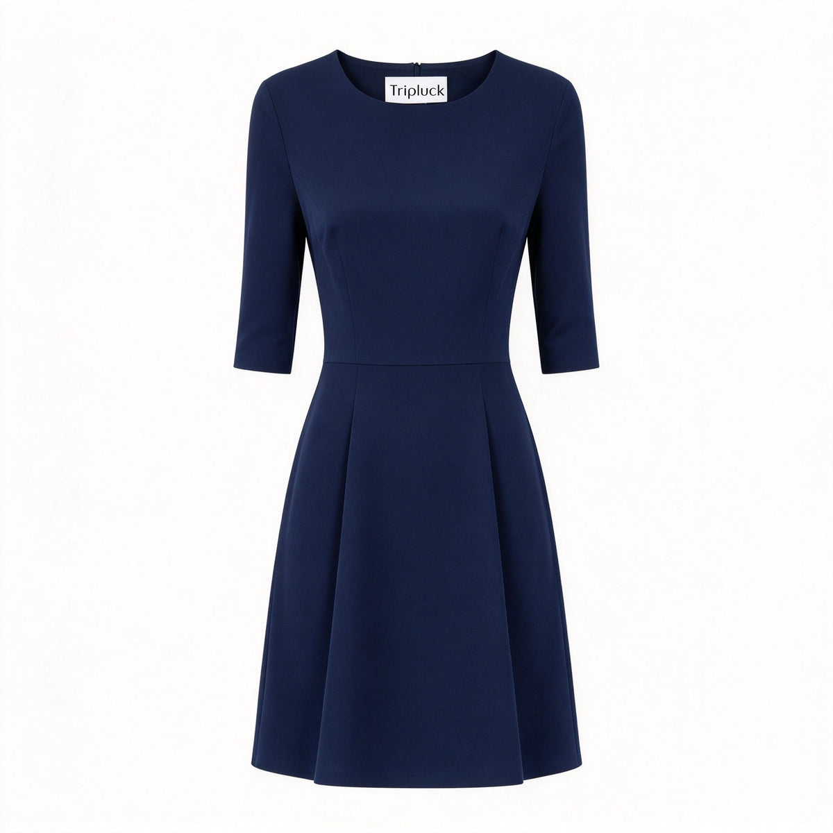 Tripluck Navy Round Neck Elbow Sleeve Fit and Flare Dress, Elegant Slim Business Work Formal Skater Dress
