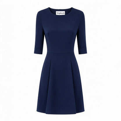 Tripluck Navy Round Neck Elbow Sleeve Fit and Flare Dress, Elegant Slim Business Work Formal Skater Dress