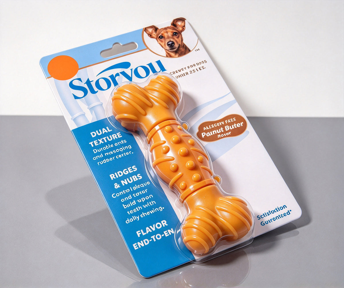 Storyou Dog Chew Toy, Durable Bone Shaped Pet Toys for Dogs Under 25 Lbs, Peanut Butter Flavor Dual Texture Rubber Pet Toys for Teeth Cleaning, Reduce Plaque & Tartar